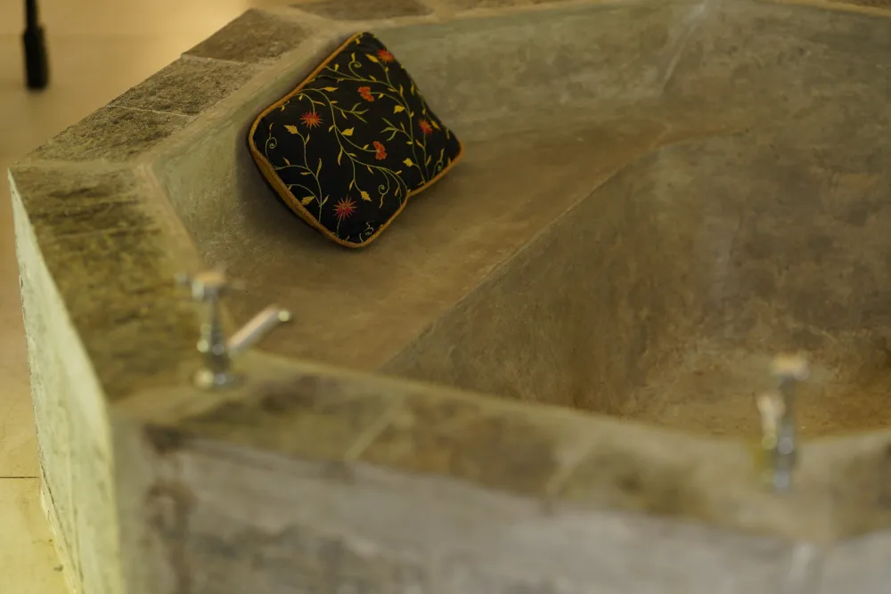 A modern bathtub in black raja room