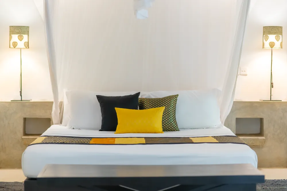 Elegant Black Raja Room with a canopy bed, soft ambient lighting, decorative cushions, and luxurious minimalist design