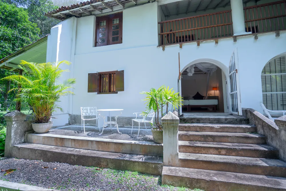 Exterior view of the Monkey Puzzle Room with private terrace, arched entrance, tropical garden surroundings, and colonial-style architecture